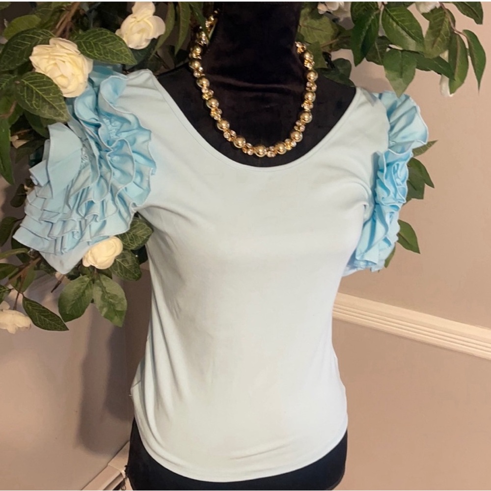 Women's Light Blue Ruffle Sleeve Top